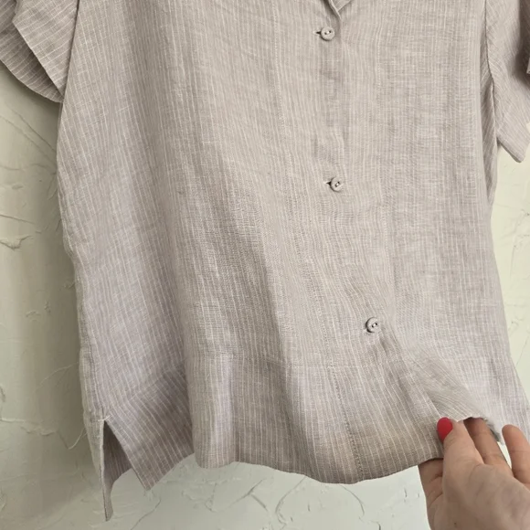EVERLANE Linen Tan White Striped Button Up Short Sleeve Top, L - Picture 4 of 11